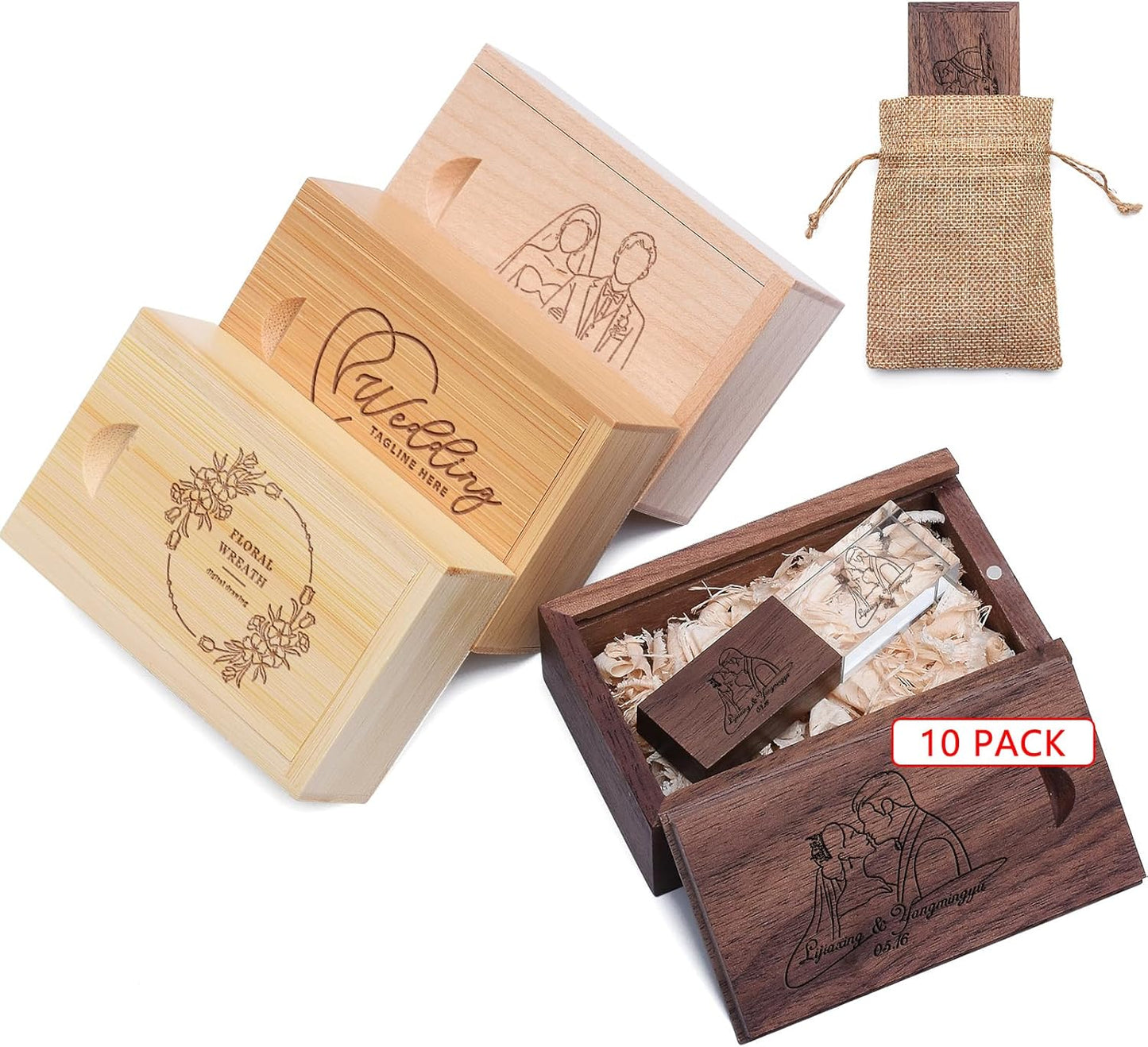 Custom Crystal USB Flash Drive with Wooden Gift Box for Weddings