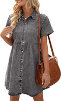 Denim Babydoll Dress Short Sleeve Button Down - Flowy Above Knee