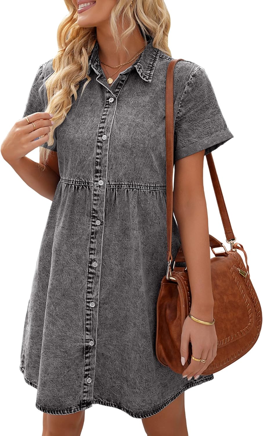 Stylish LookbookStore Women's Short Sleeve Denim Babydoll Dress