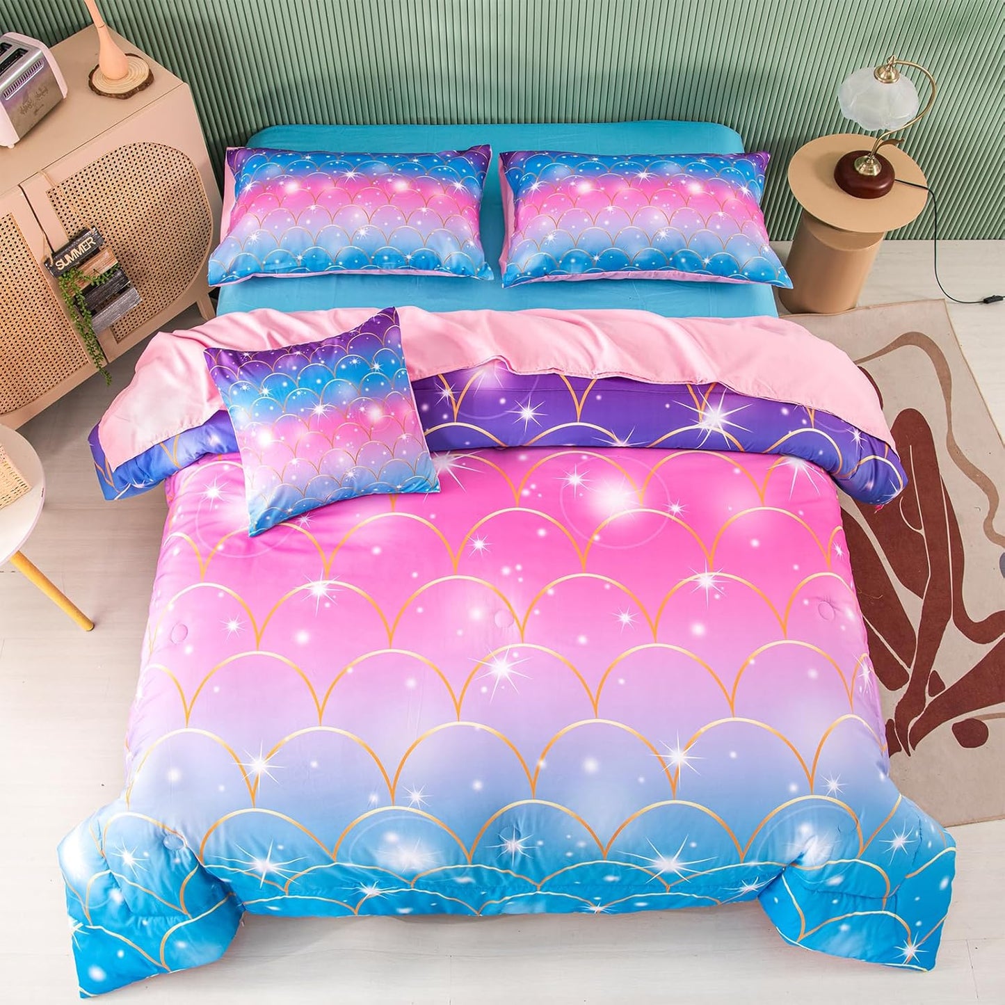 PERFEMET Pink Mermaid Comforter Set Full Size for Teens Girls