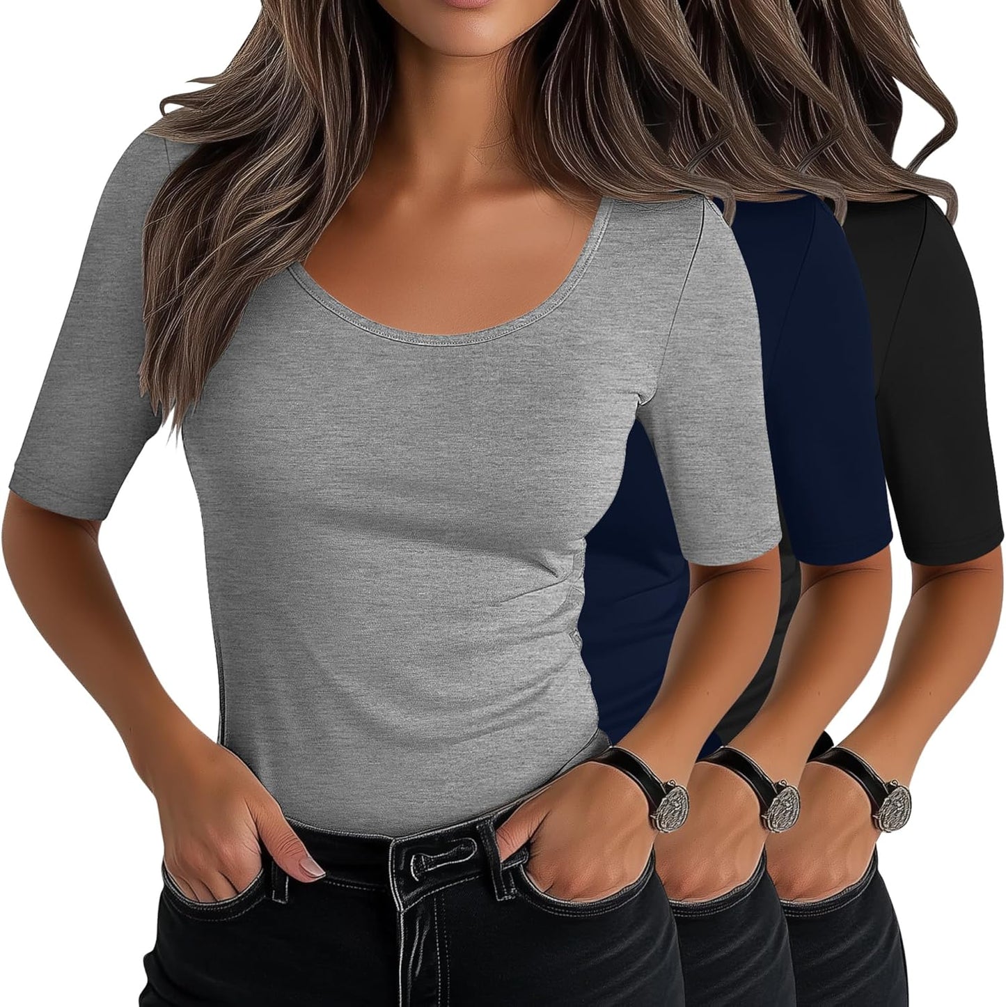 Neer Women's Scoop Neck Stretchy Tops for Casual Summer Wear