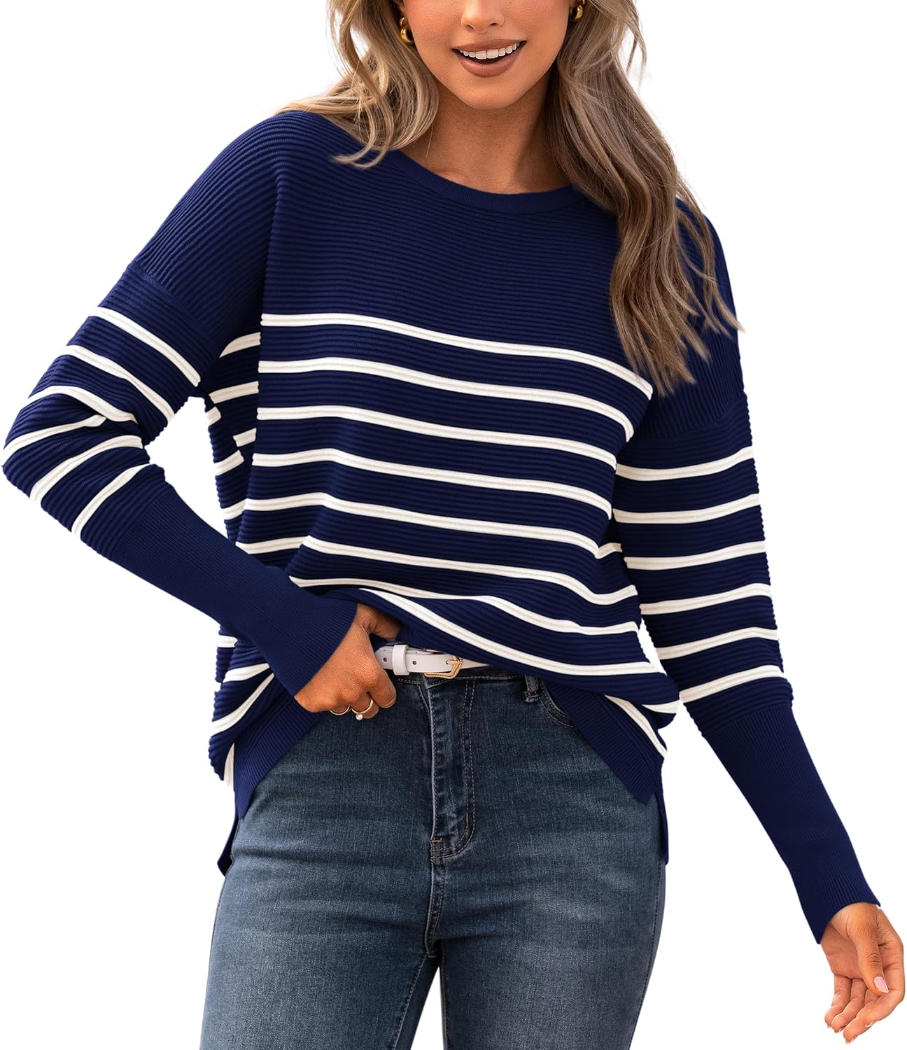 Casual Long Sleeve Sweater for Women - Striped Pullover Tops