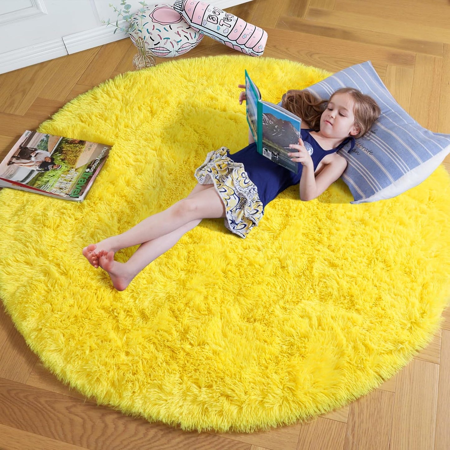 Fluffy Yellow Round Circle Area Rug 5Ft for Bedroom Decor