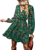 Green Floral V Neck Chiffon Mini Dress - Flowy Casual Fit