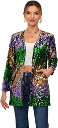 Womens Sequin Open Front Blazer Long Sleeve Hip Length - Sparkle Coat