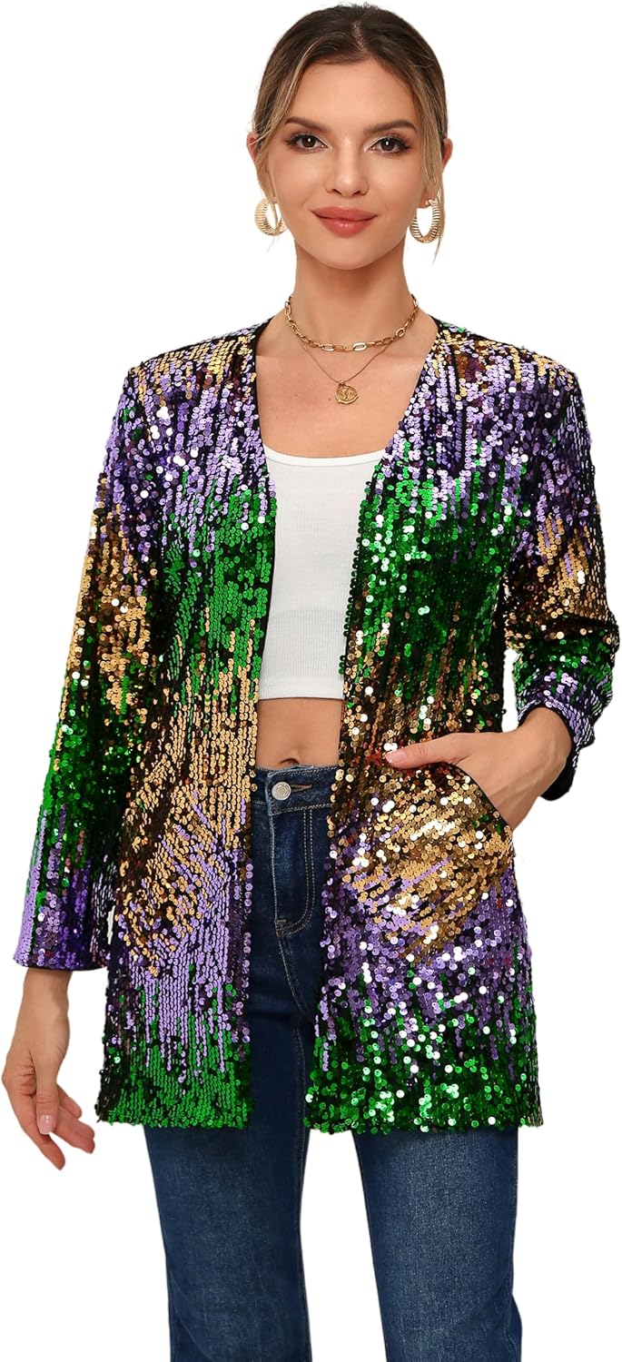 Women's Sequin Jacket Long Sleeve Open Front Blazer for Parties