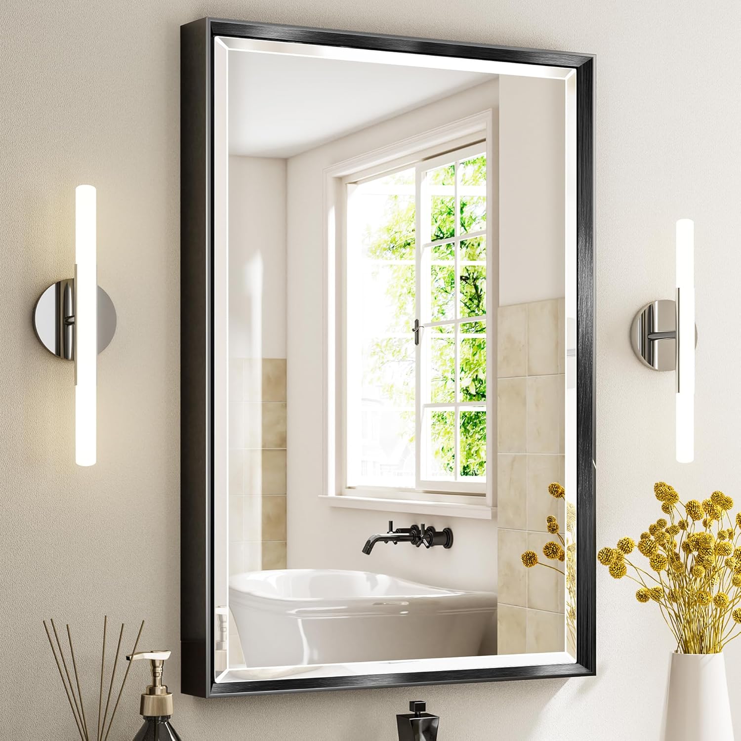 Black Framed Mirror for Bathroom - 24x36 Inch Beveled Design