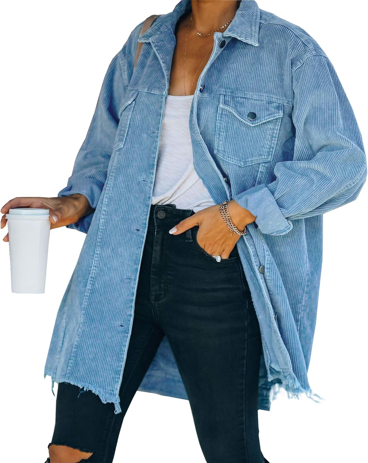Casual Oversized Button Down Corduroy Shirt Jacket for Women