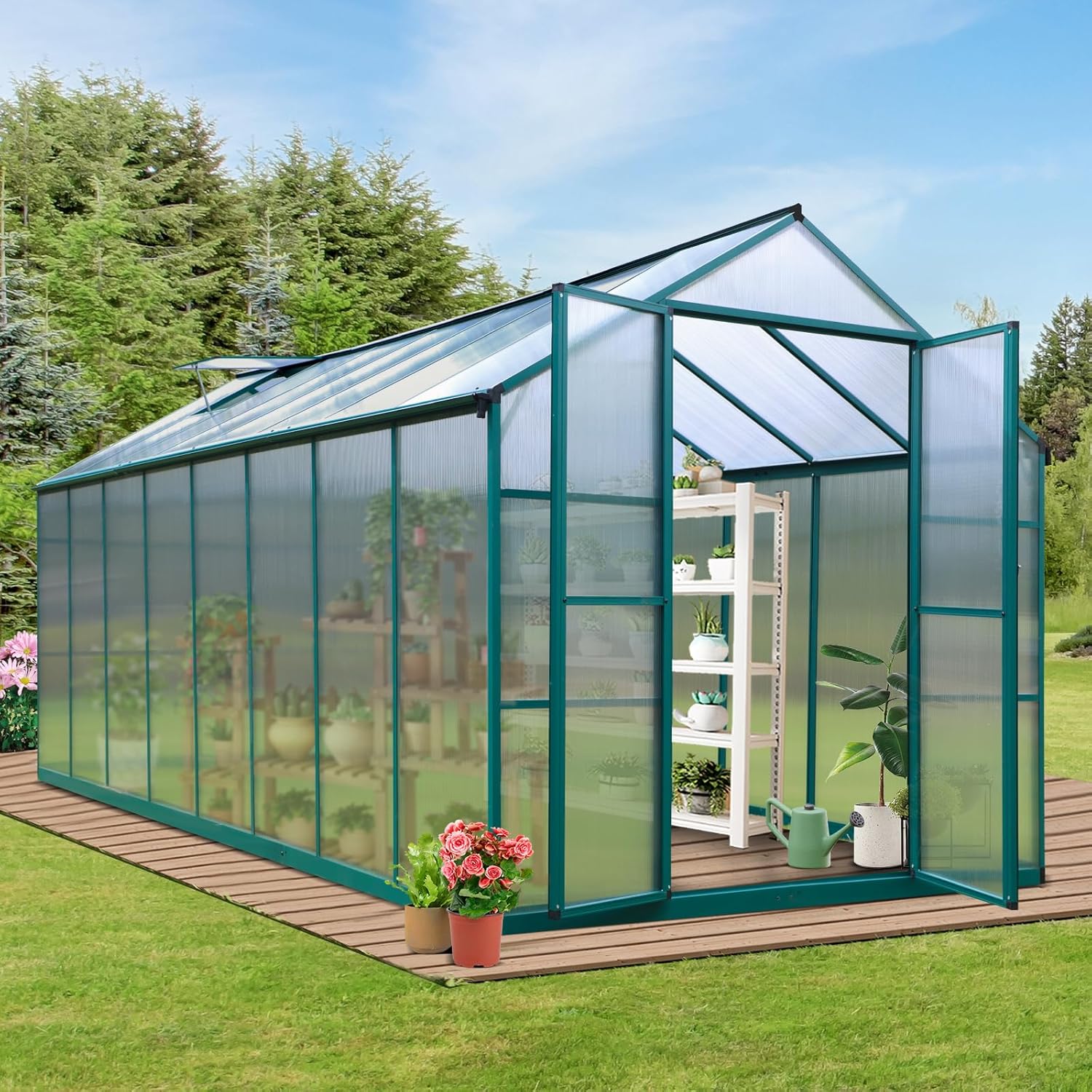 8x16FT Polycarbonate Greenhouse Kit - Adjustable Roof Vent & Rain Gutter