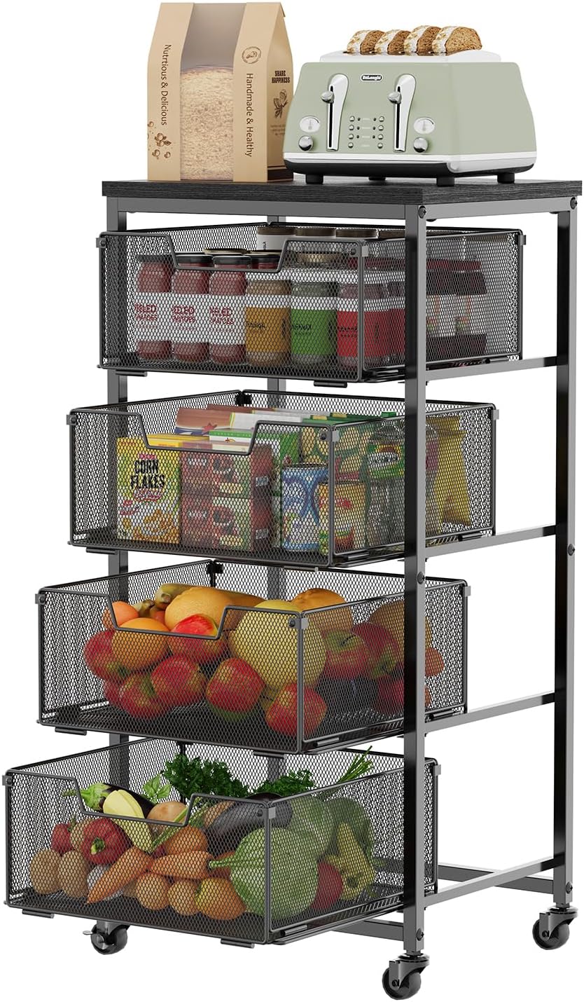 4-Tier Fruit Vegetable Storage Cart - Kitchen Organizer with Wheels