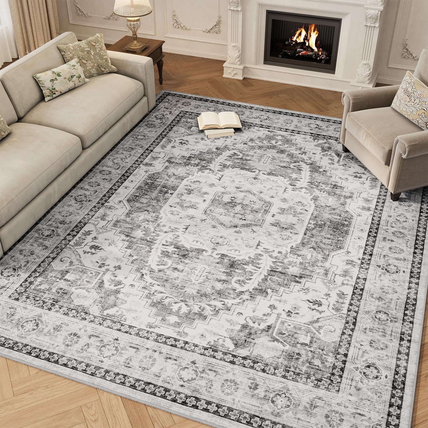 Grey Washable 8x10 Area Rugs for Living Room and Bedroom
