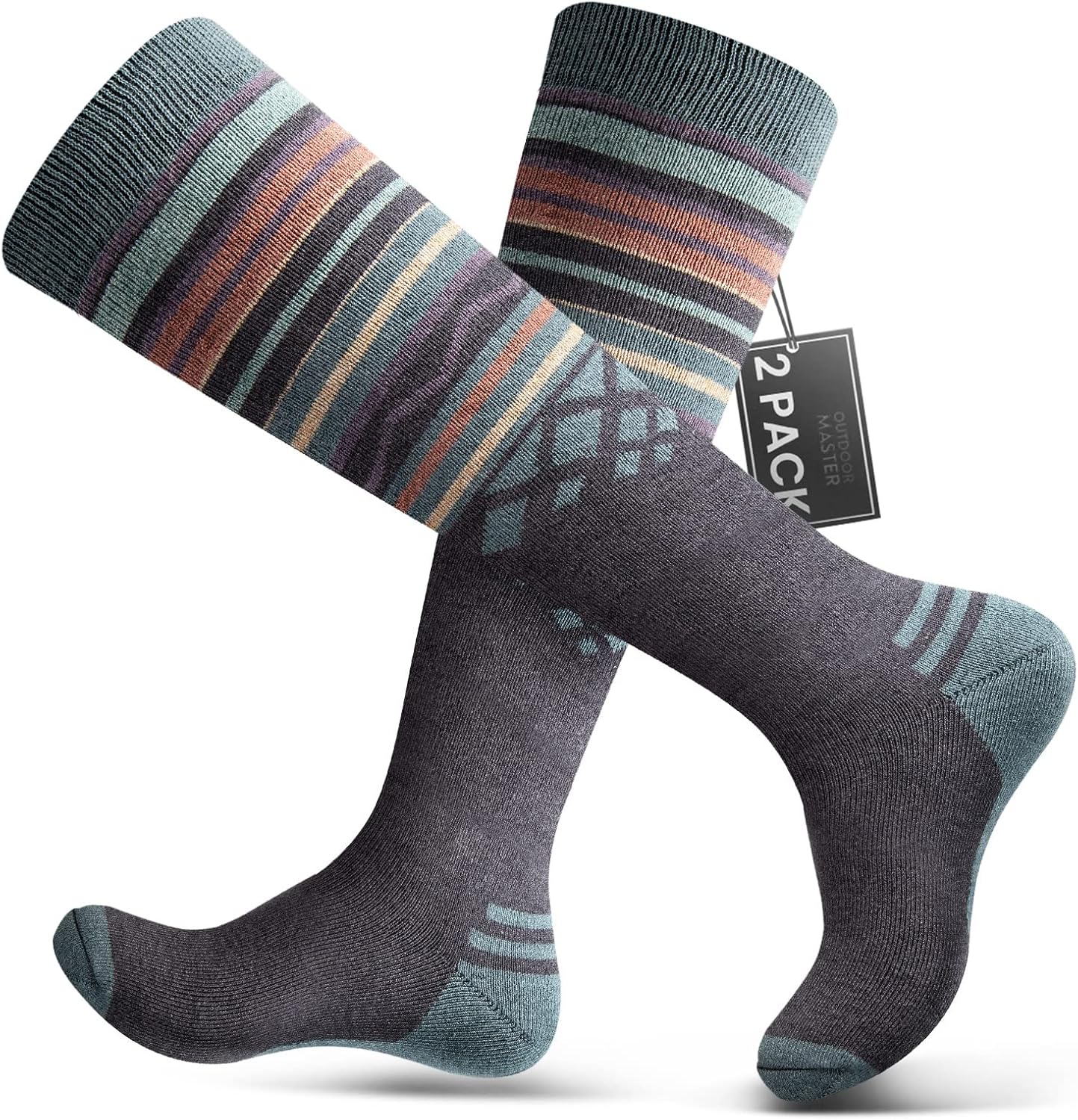 OutdoorMaster Merino Wool Ski Socks - Non-Slip Cuff x2
