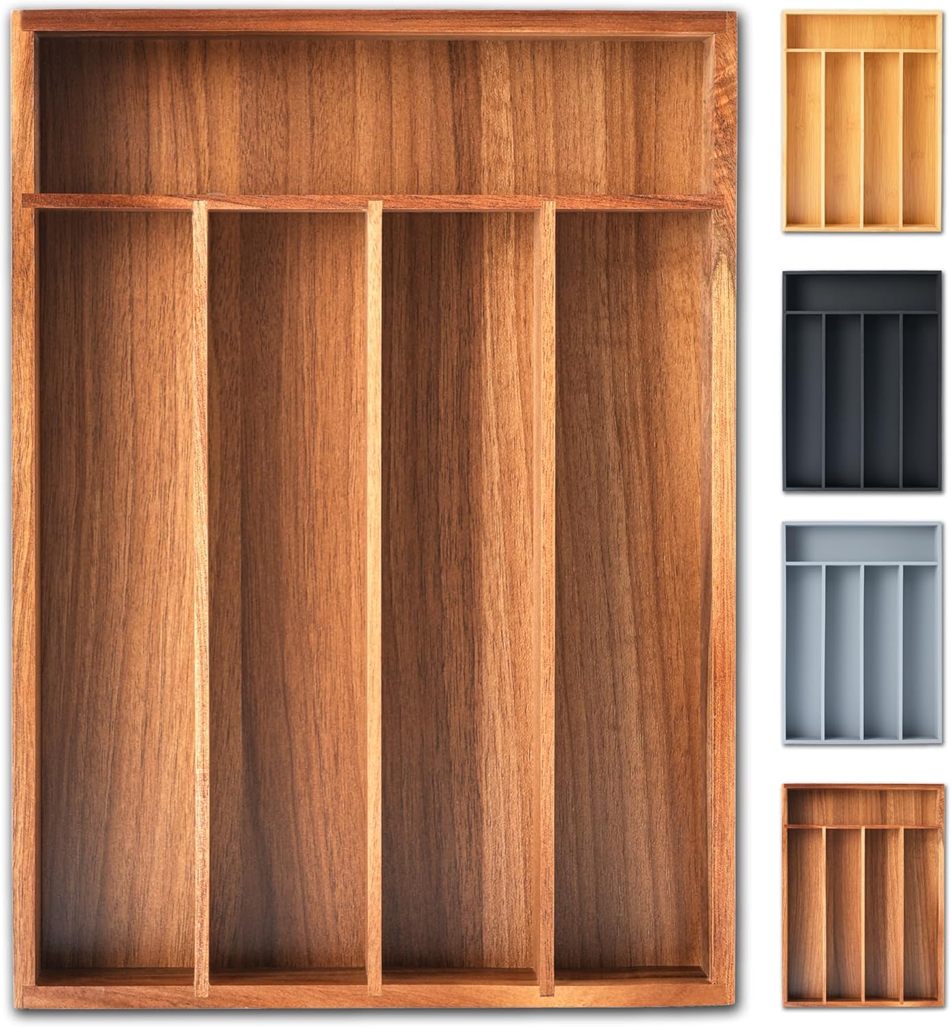 Acacia Utensil Organizer for Kitchen Drawer - 5 Compartment Tray