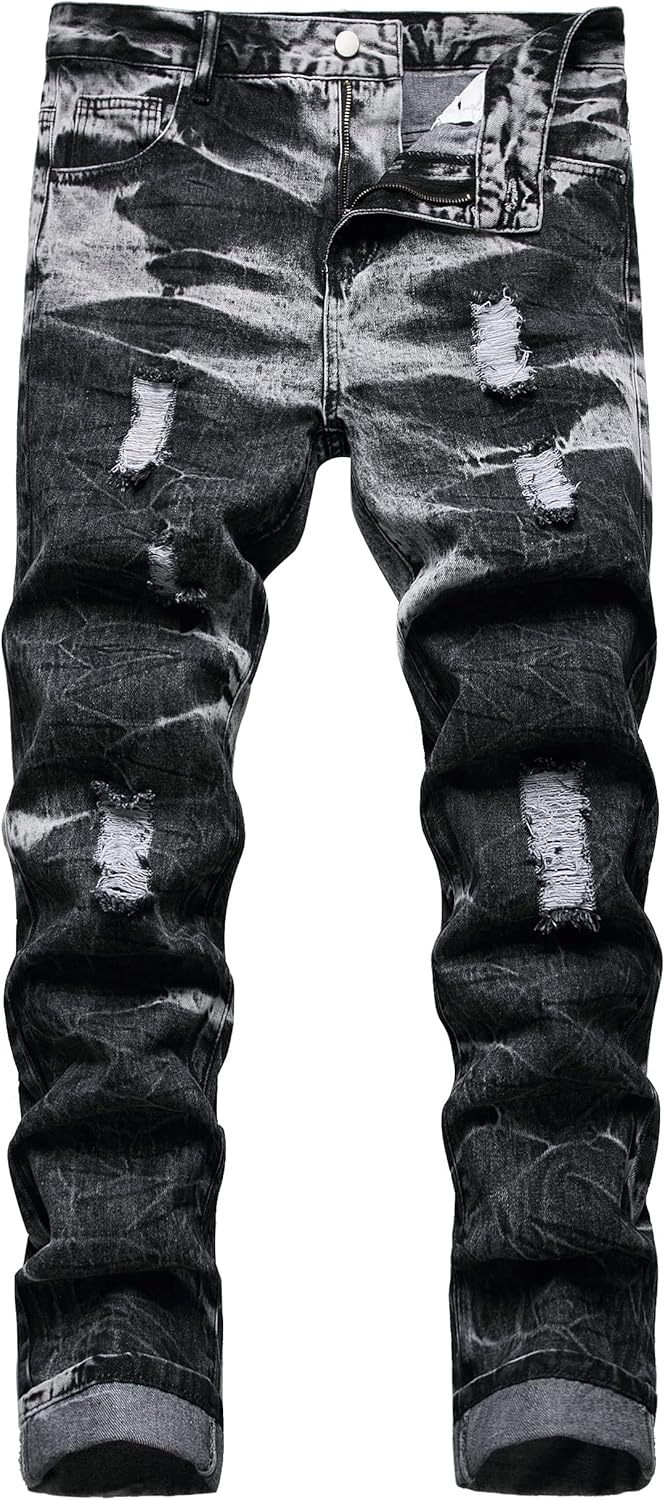 Men's Ripped Jeans Slim Fit Distressed Straight Leg Fashion Denim