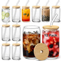 Glass Cups with Bamboo Lids and Glass Straws 12pcs Set - Durable 16 oz