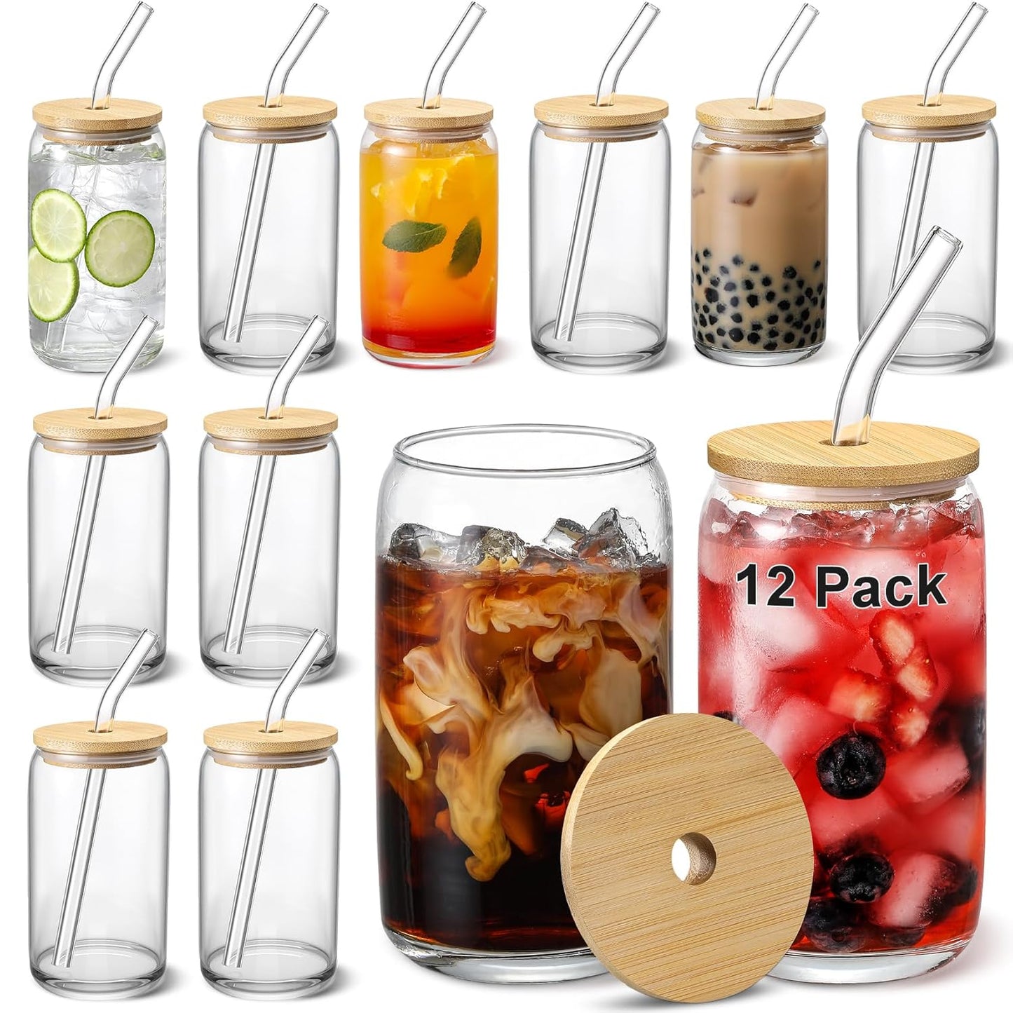 12pcs Set Glass Cups with Bamboo Lids and Straws for Drinks