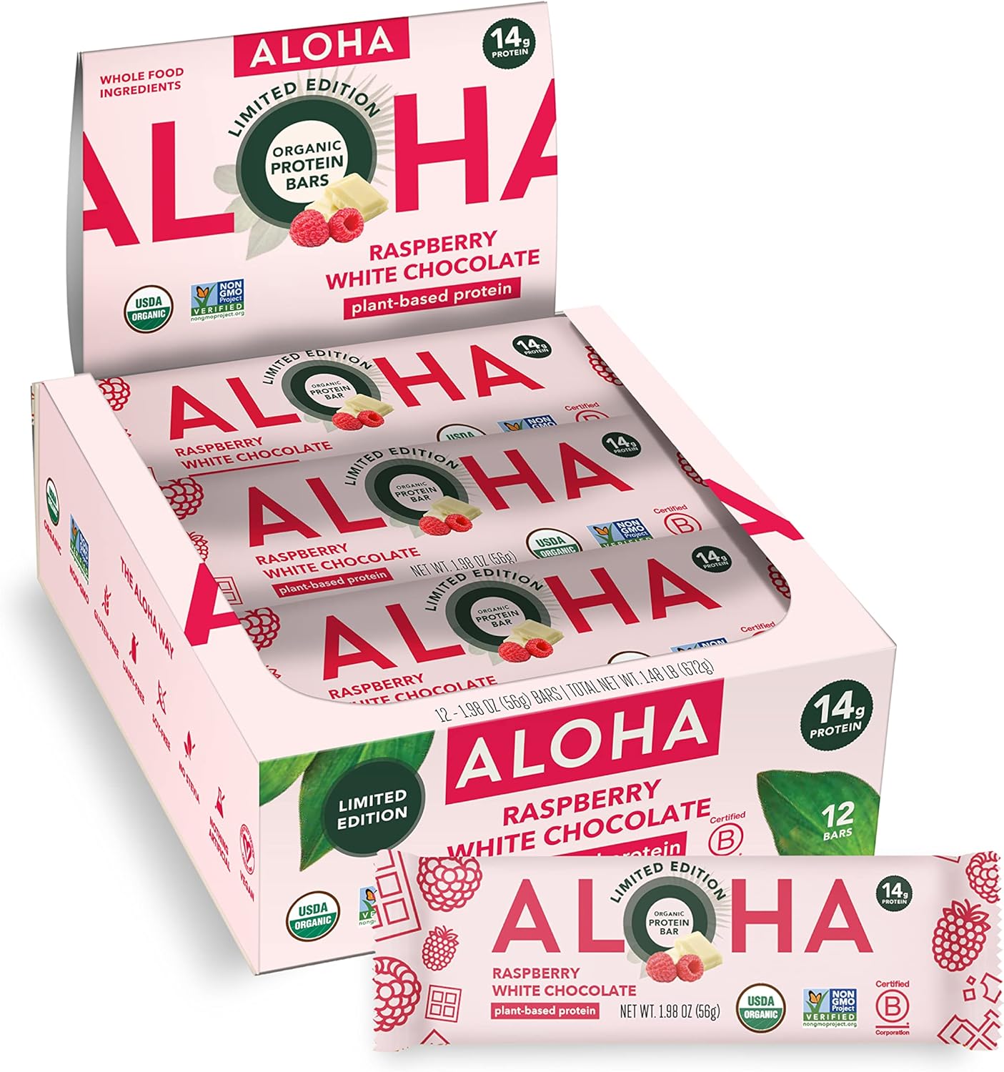 ALOHA Organic Plant Based Protein Bars - Raspberry White Chocolate
