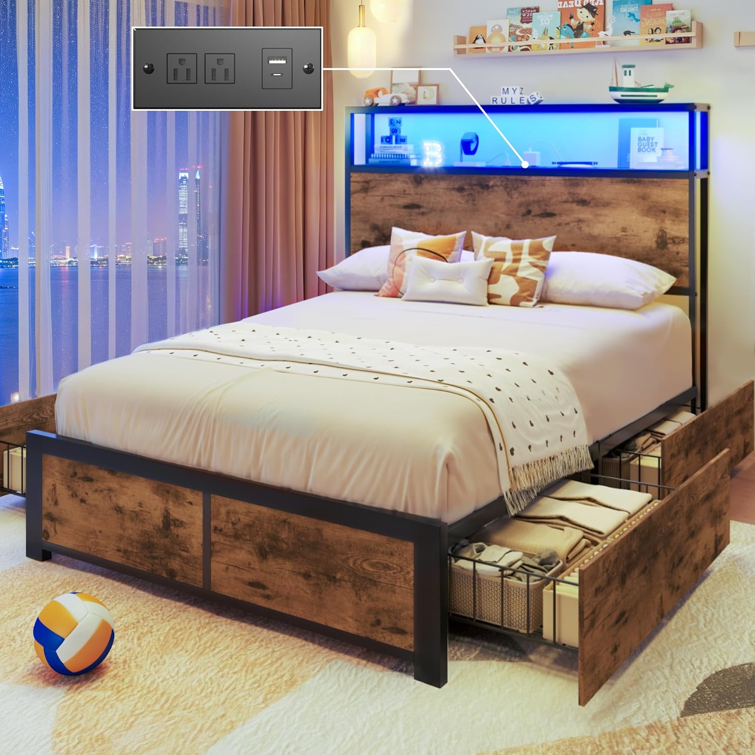 Lifezone Twin Bed Frame with Storage Headboard and LED Lights
