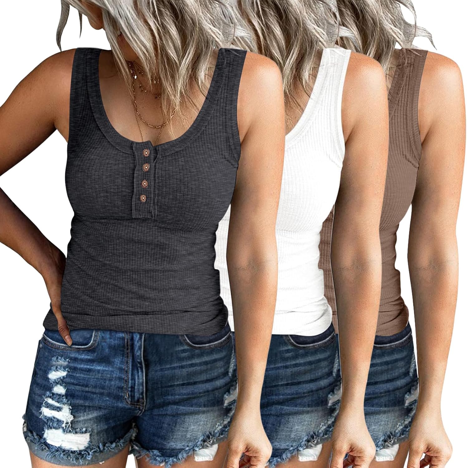 SUNBS Women Tank Tops 3 Pack Ribbed Summer Sleeveless Cami