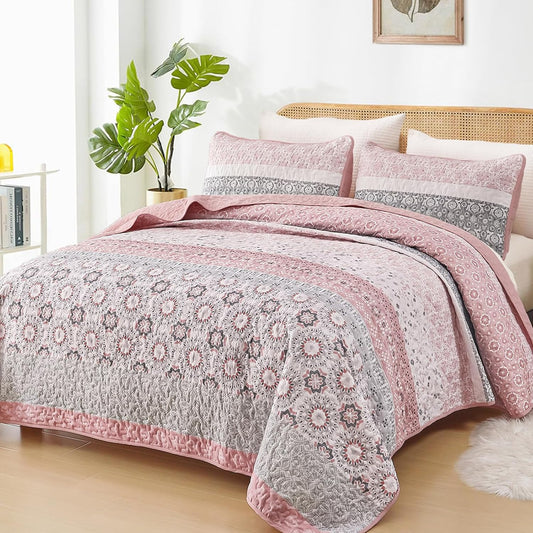 Bohemian Pink Striped Quilt Set King for Stylish Bedrooms