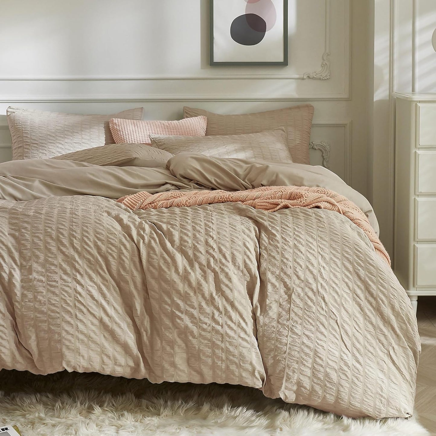 Khaki Duvet Cover Queen Size Set with Elegant Seersucker Design