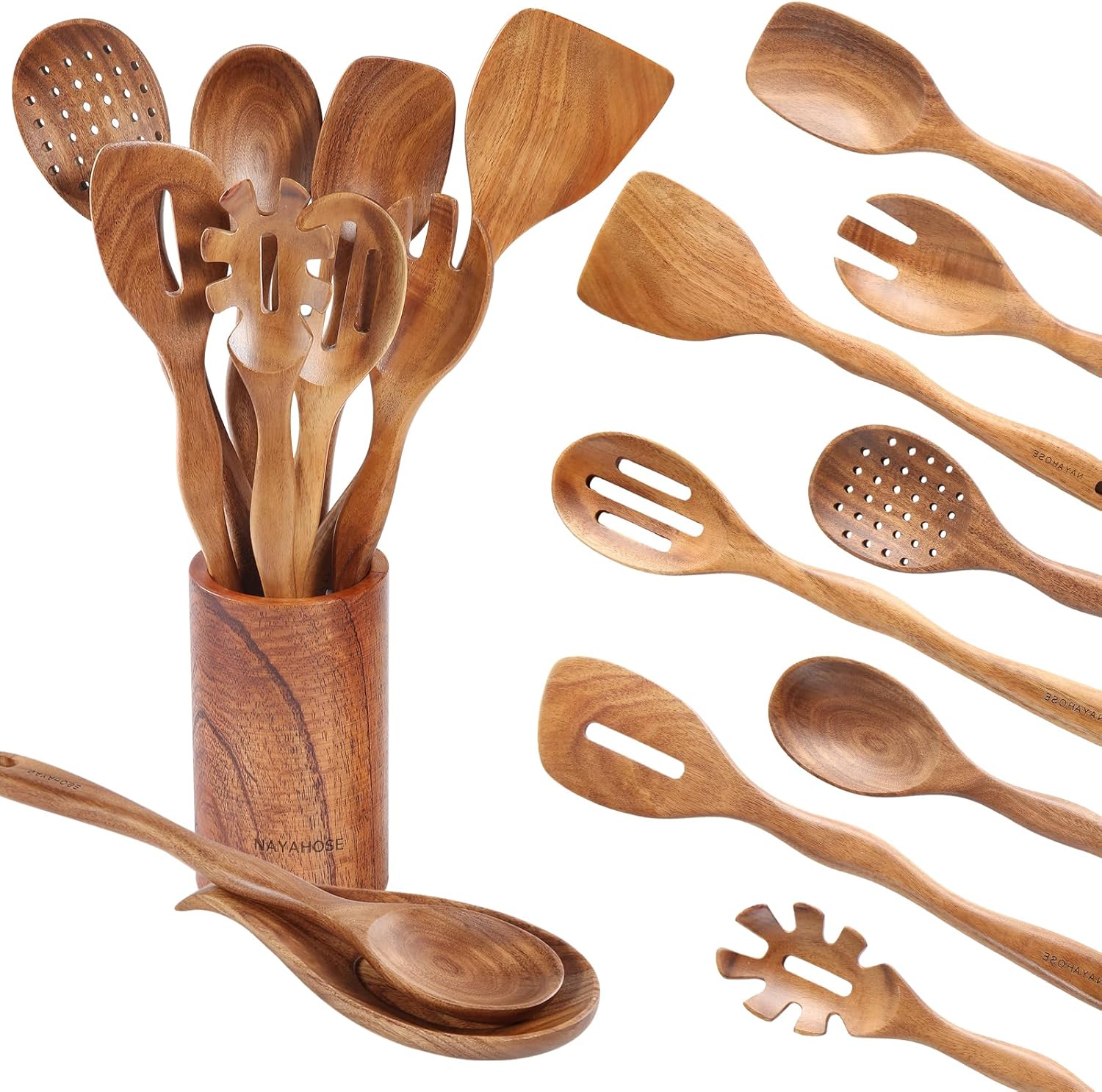 Wooden Spoons for Cooking Set with Holder - 10Pcs Teak Utensils