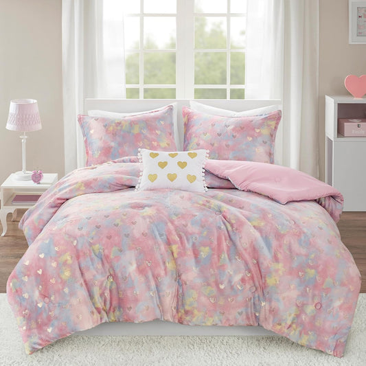 Intelligent Design Twin Comforter Set with Metallic Hearts for Girls