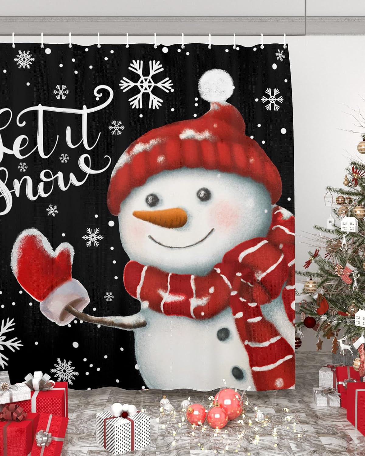 Waterproof Black Snowman Shower Curtain Set - Festive Xmas Decor