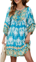 Rayon V Neck 3/4 Sleeve Boho Floral Mini Dress for Women - Lightweight