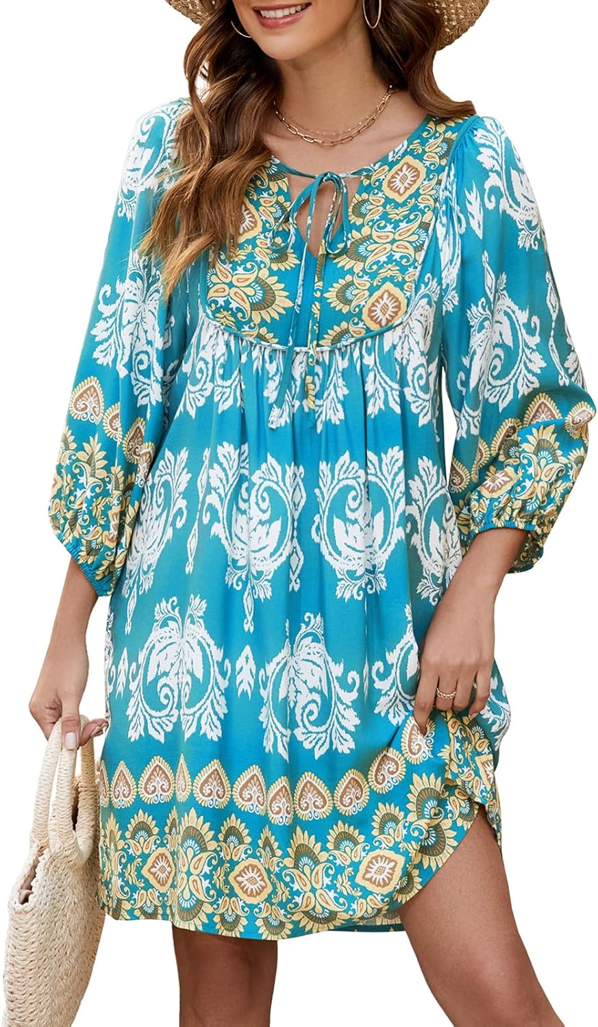 Qearal Womens Casual V Neck Boho Floral Mini Summer Dress