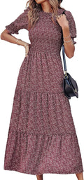 Women Casual Summer Maxi Dress - Flowy Boho Smocked Floral Women's