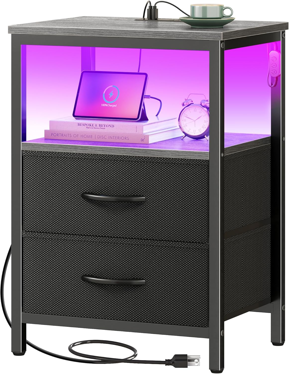 Huuger Night Stand with Charger Station and LED Lights for Bedroom