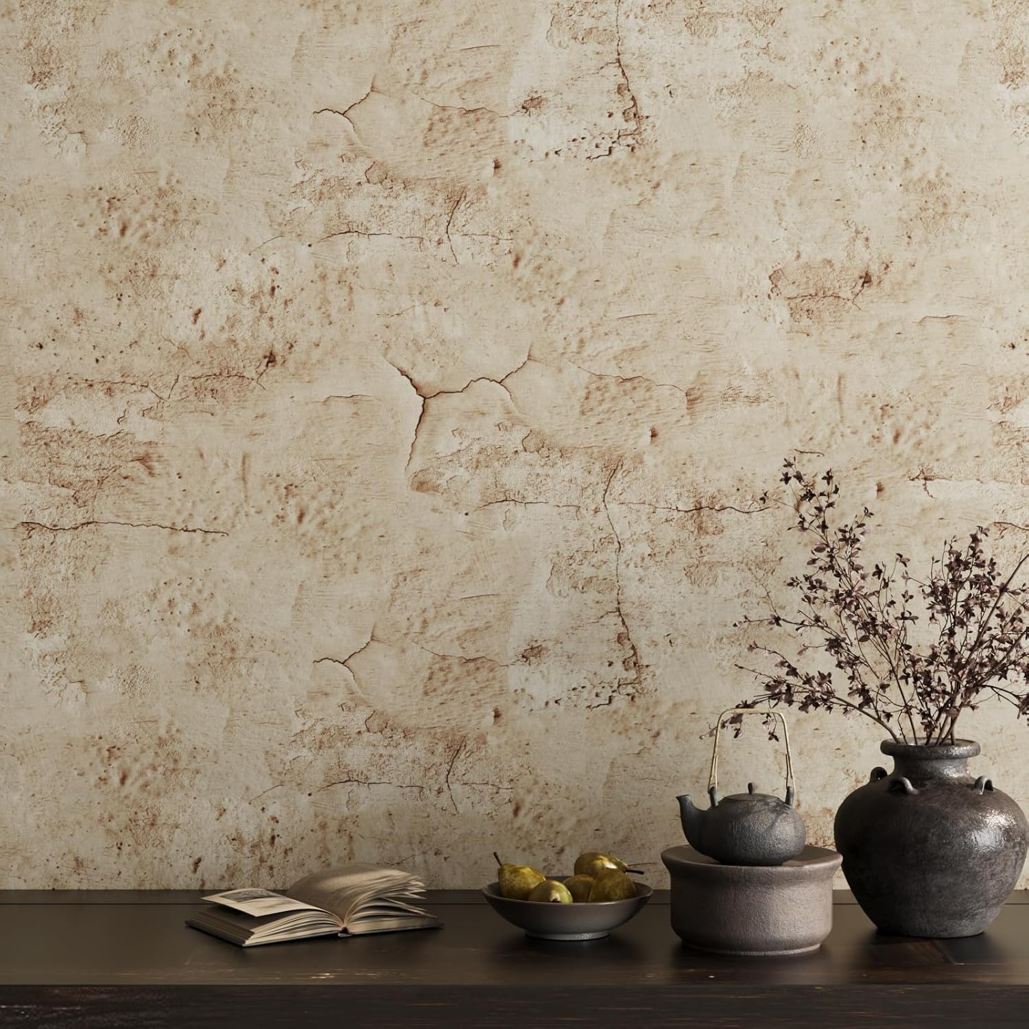 VaryPaper 32in x 354in Distressed Tan Cracked Concrete Wallpaper