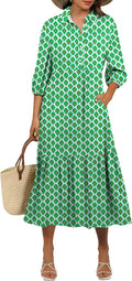 Women Casual 3/4 Puff Sleeve Polo V Neck Floral Boho Maxi Dress