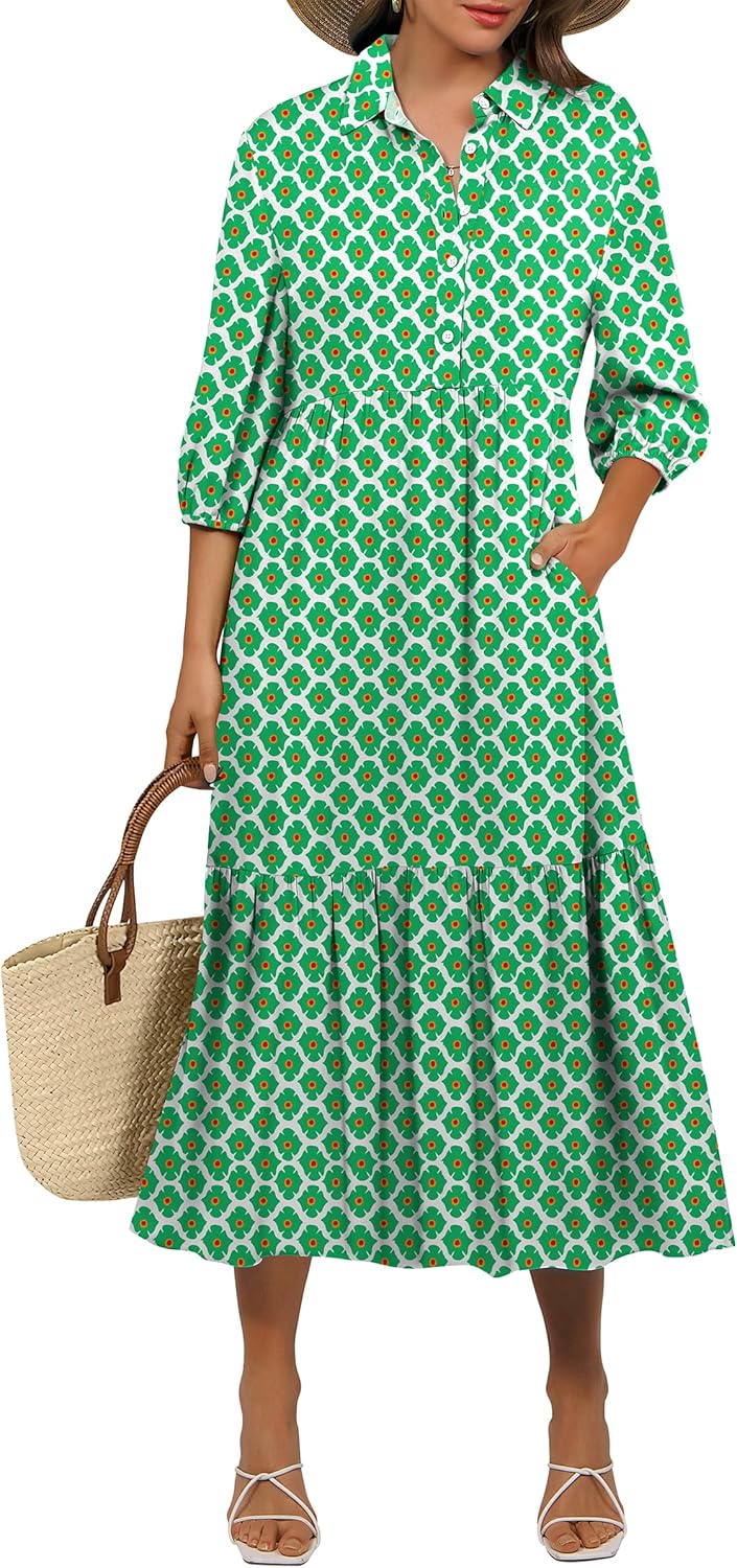 Women Casual 3/4 Puff Sleeve Floral Printed Maxi Dress
