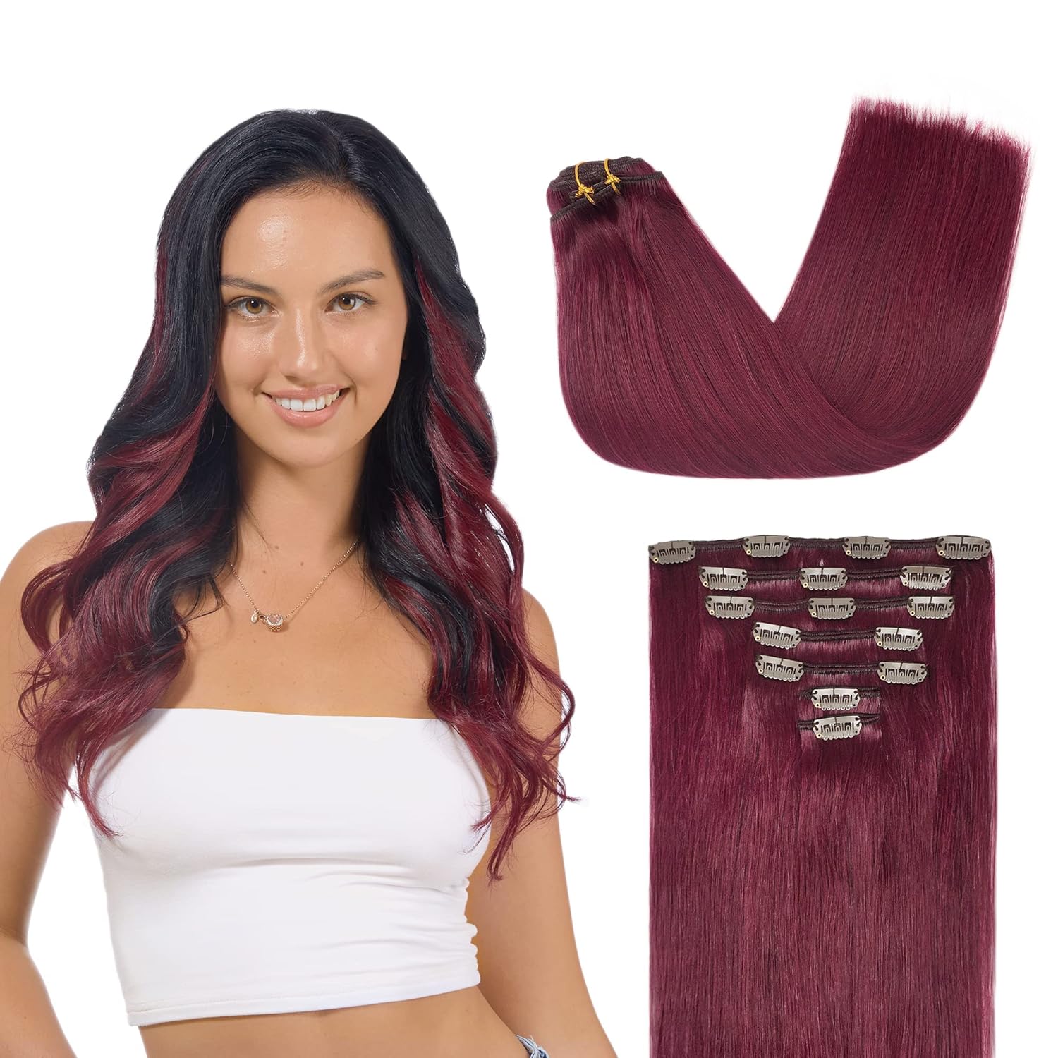 GOO GOO Clip in Hair Extensions for Women, 16in 120g Burgundy