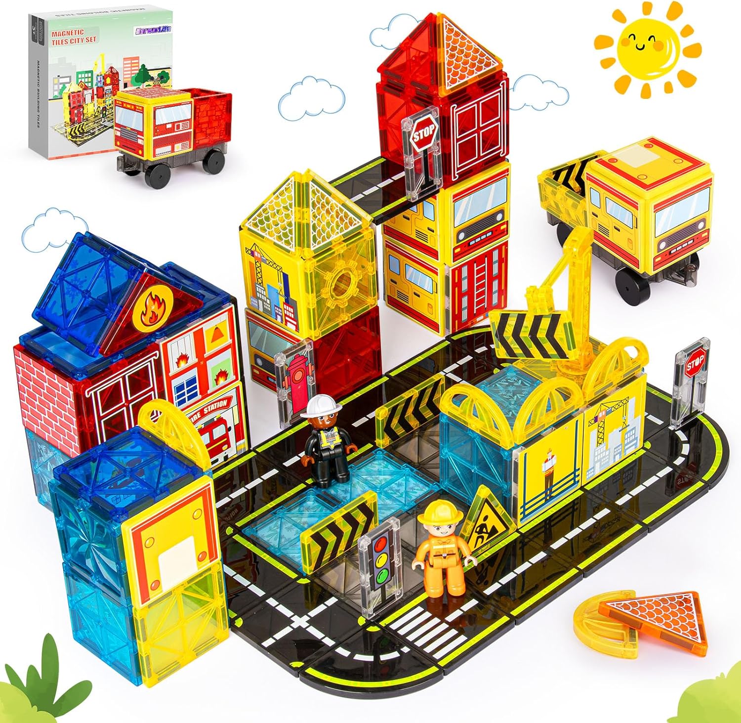 Magnetic Tiles Road Set with Fire Trucks & Dolls for Kids 3-5