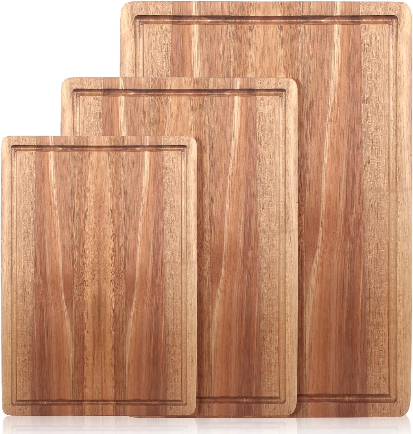 Solid Wooden Cutting Board Set of 3 Acacia Wood for Kitchen