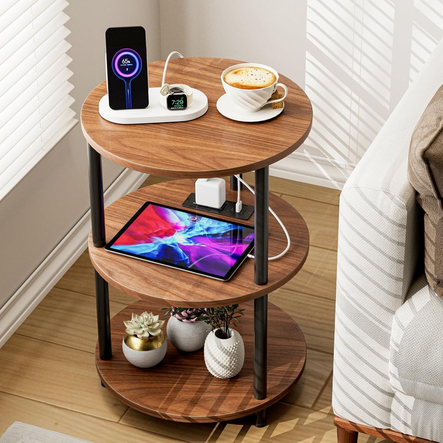 Small Round End Table with USB Ports for Compact Spaces
