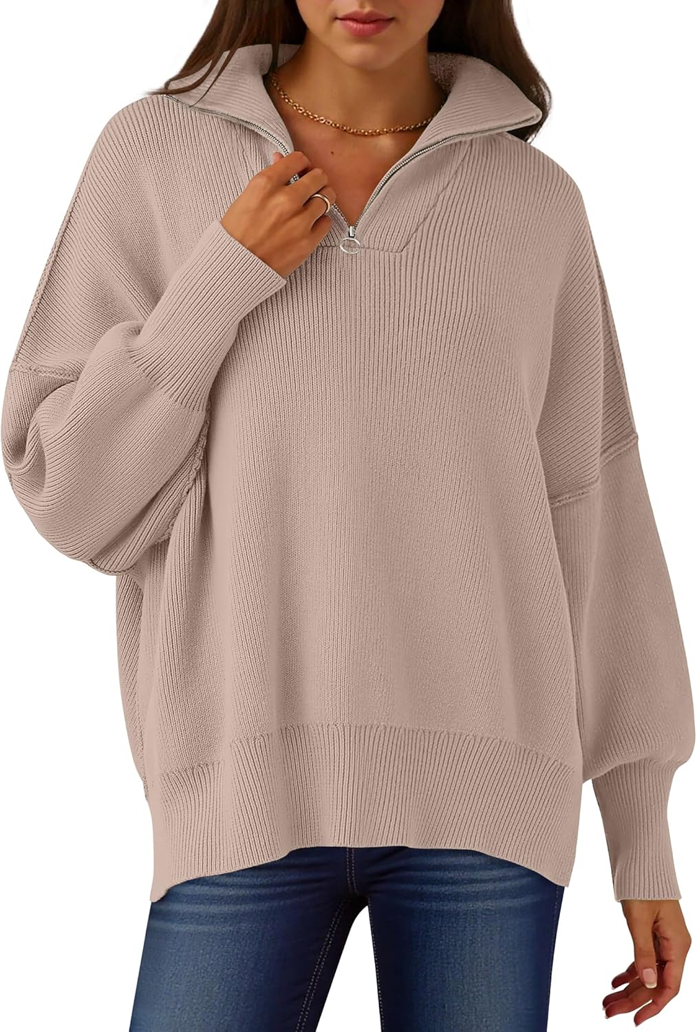 Oversized Fashion Long Sleeve Quarter Zip Sweater for Women