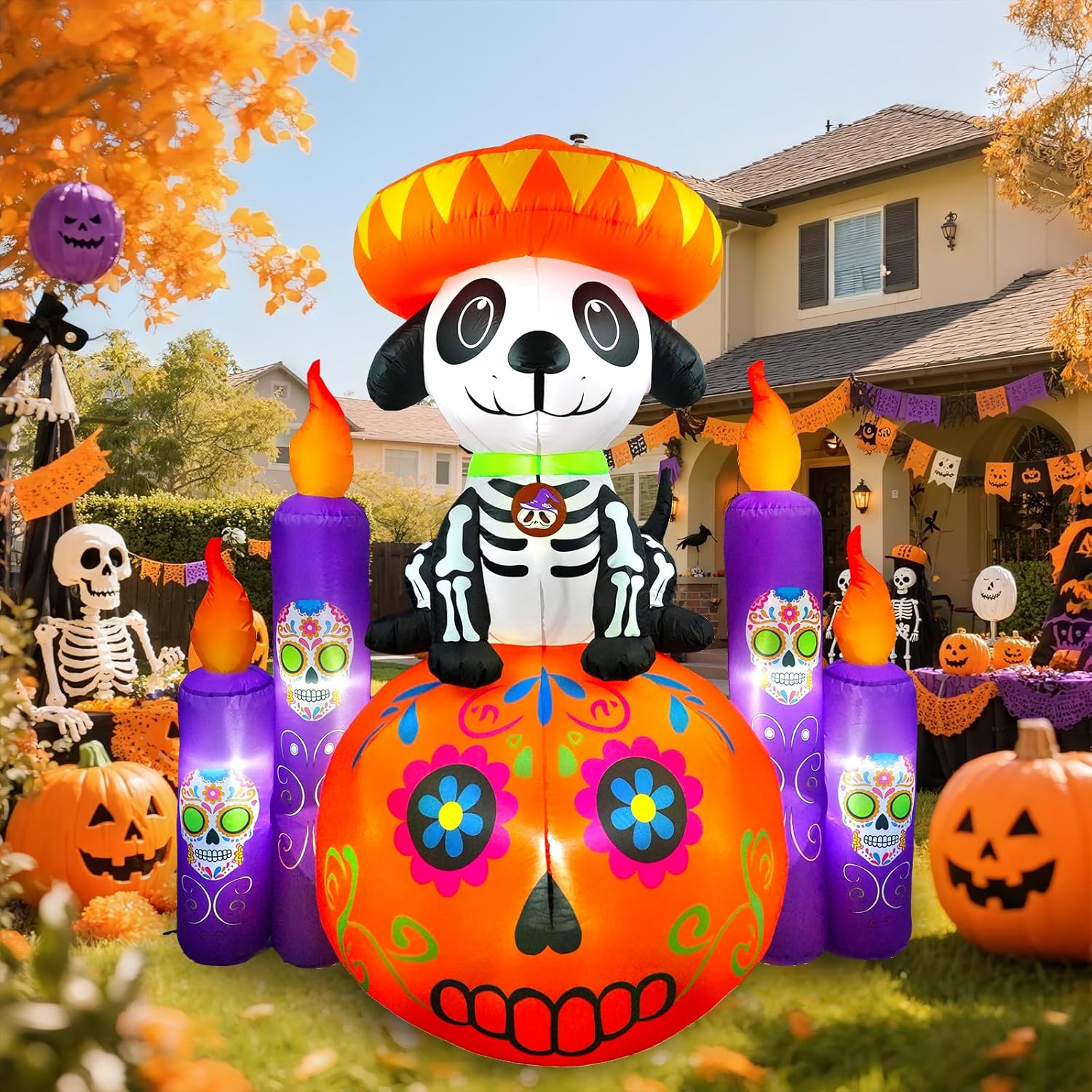 6 FT Halloween Decorations Inflatable Dog with Pumpkin and Candles