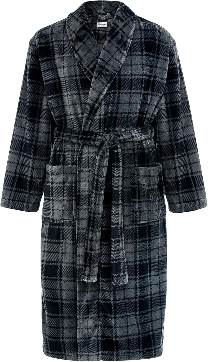 Plush Bath Robe for Men - Warm Fleece Comfort in Gray Plaid