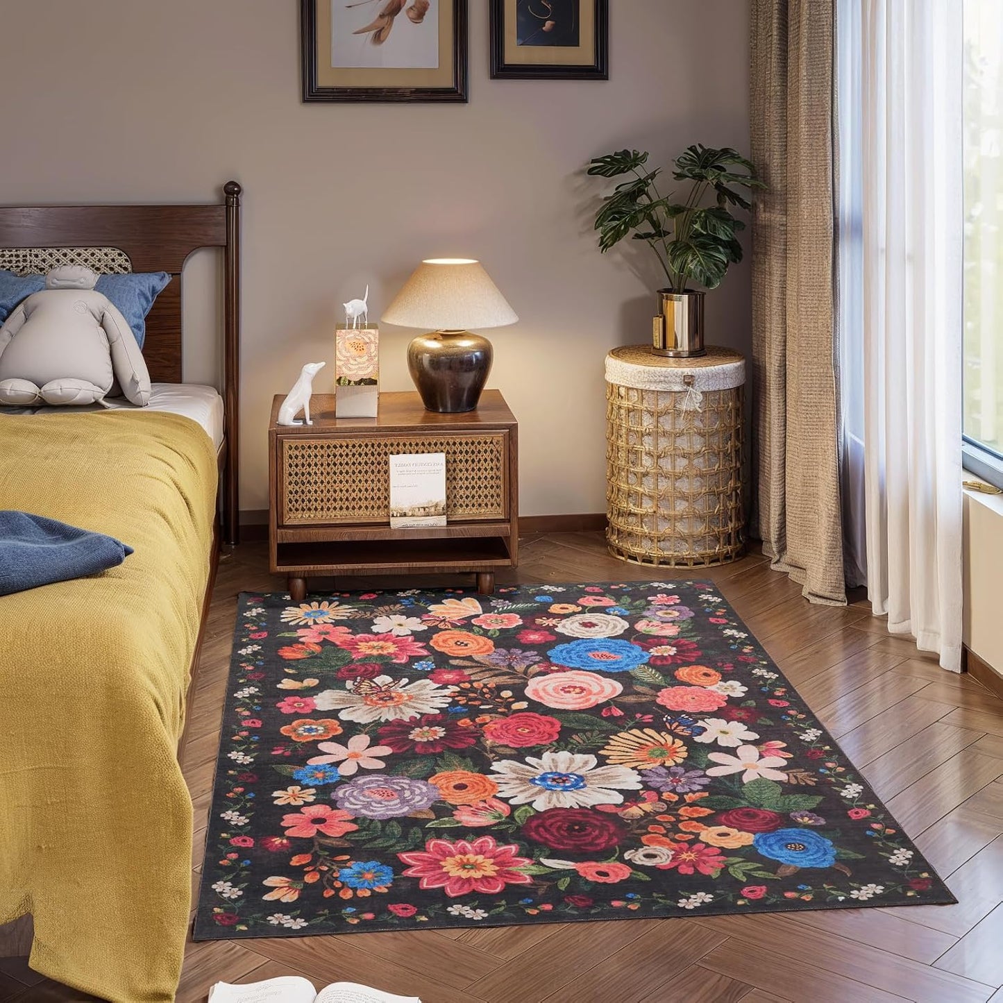 4x6 Black Boho Rug - Washable Non Slip Floral Carpet for Home