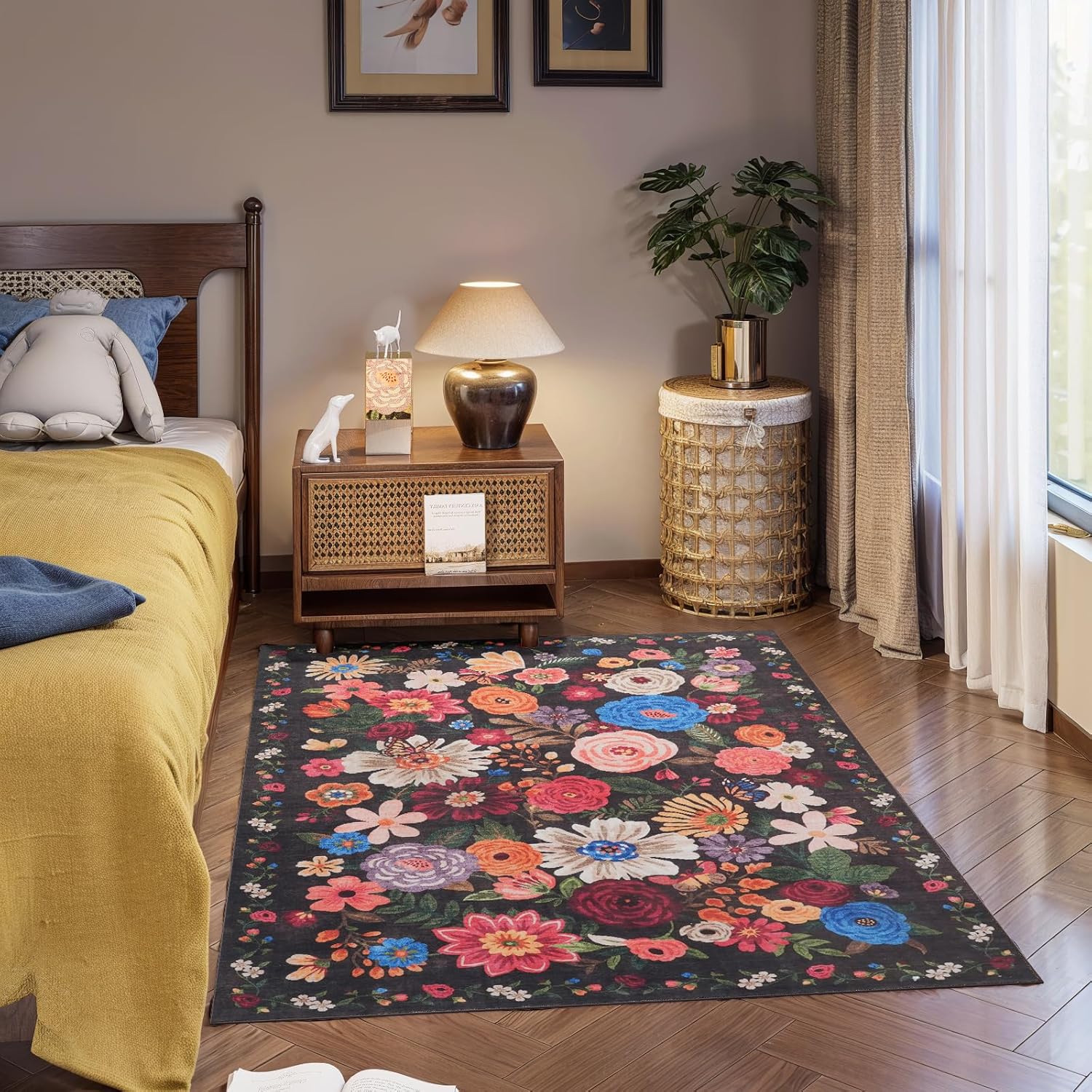 4x6 Black Boho Rug - Washable Non Slip Floral Carpet for Home