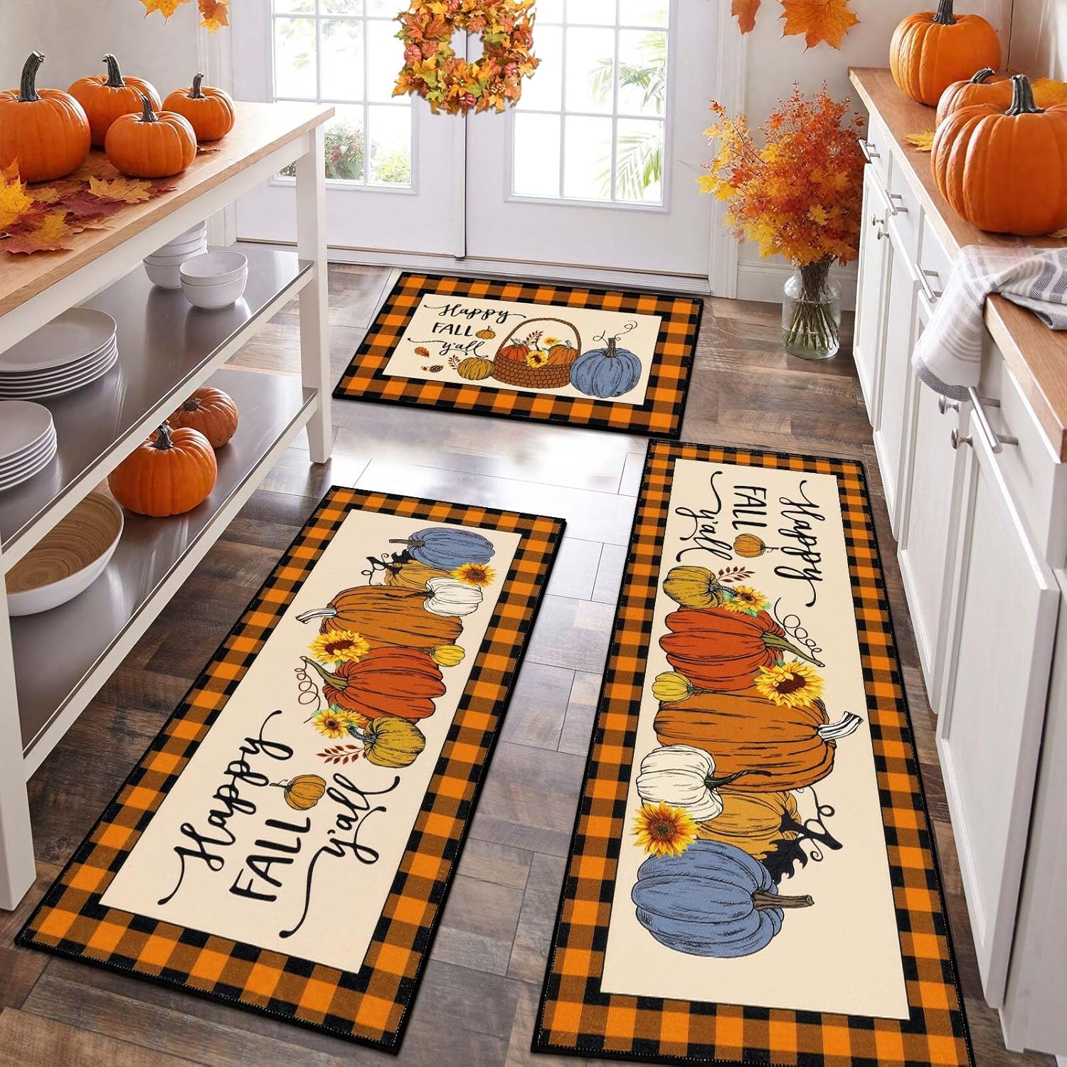 Fall Kitchen Rugs Set of 3, Non Slip Buffalo Plaid Pumpkin Decor
