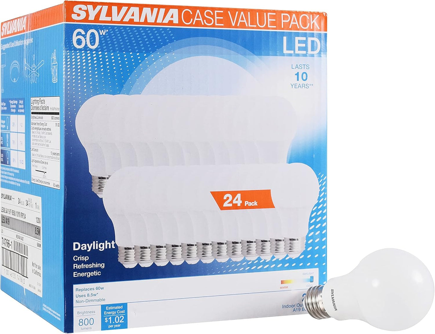 SYLVANIA LED A19 Light Bulb 60W Equivalent for Bright Homes