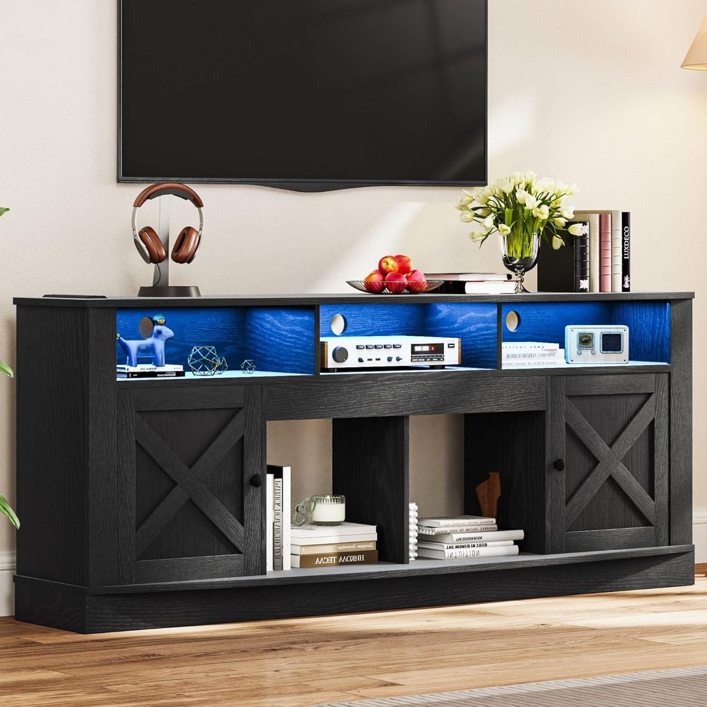 DWVO 75/80 LED TV Stand: Barn Doors, Power Outlet & Style!