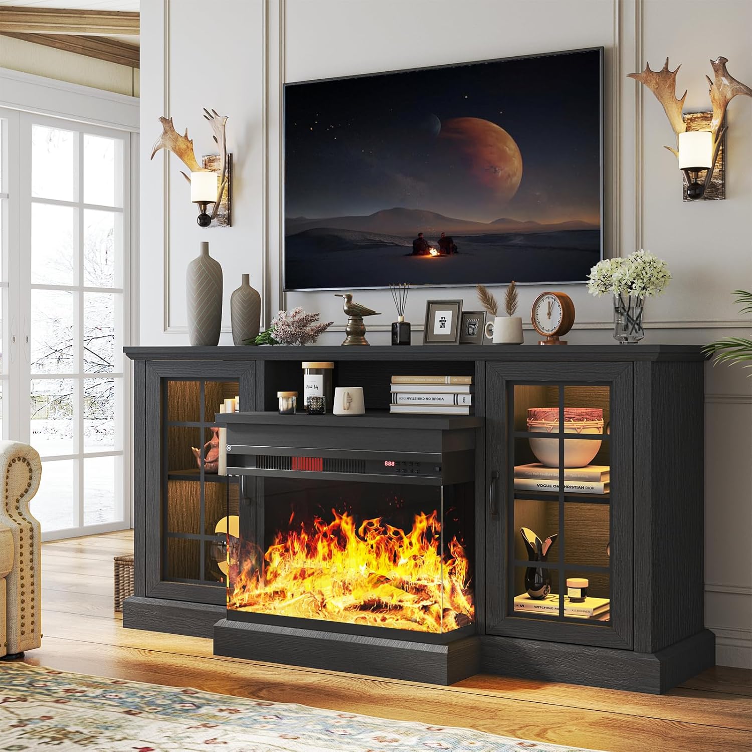 Modern Fireplace TV Stand with Glass Doors for TVs up to 65 in