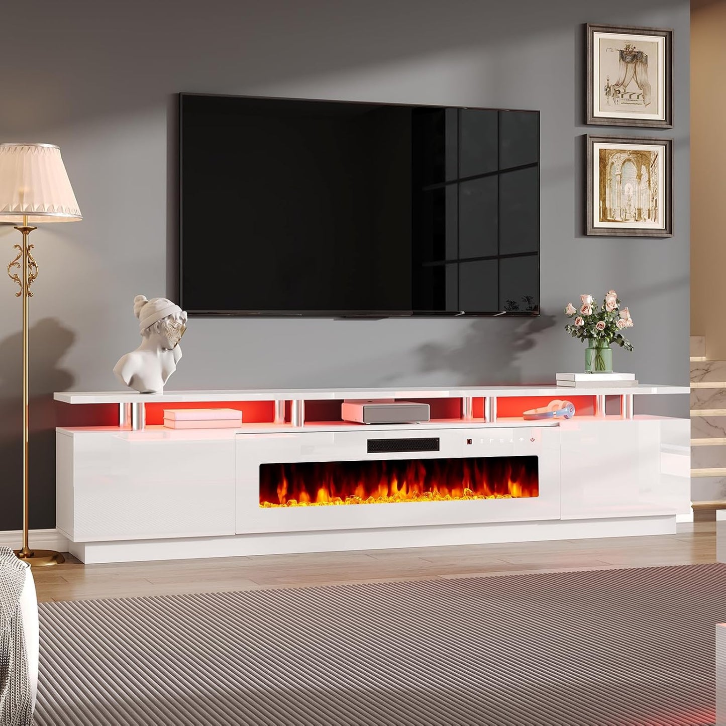 Modern 90in 2 Tier Fireplace TV Stand with LED Lights and Storage