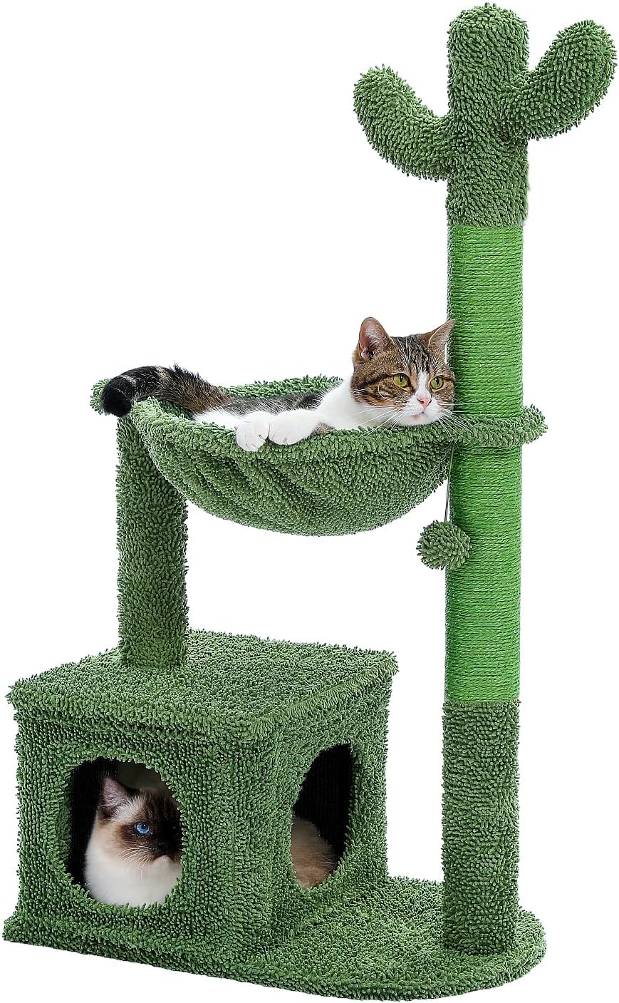 Cactus Cat Tree 40in Tower with Hammock and Scratching Post